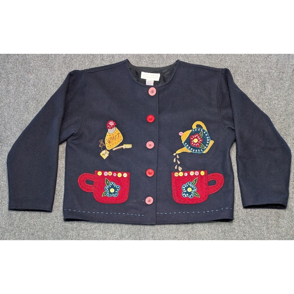 CASEY COLEMAN Embroidered Cardigan Tea Honey Cups & Buttons Women's M/L Navy
